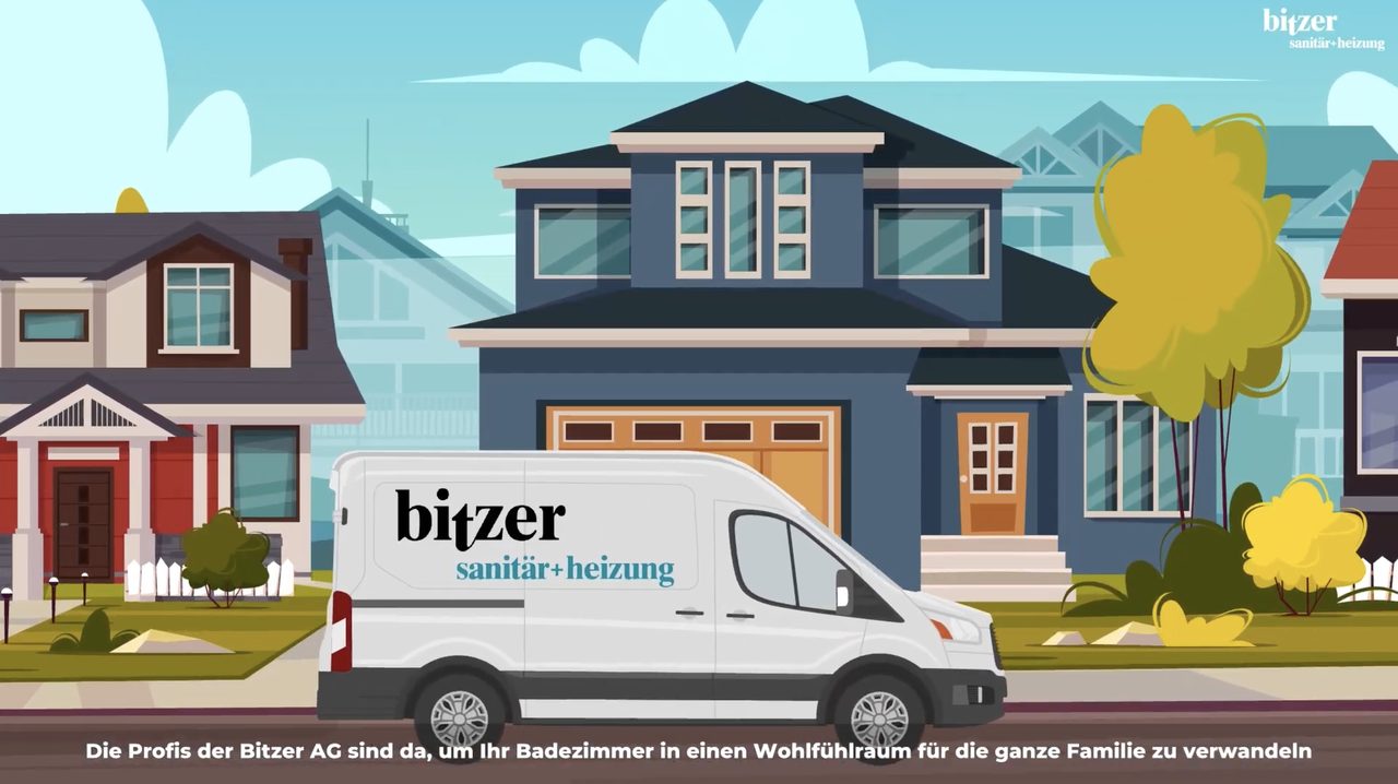 Bitzer AG animated explainer video brand sign-off scene showing company van, house and sanitär heizung logo - Magic Motion Studio