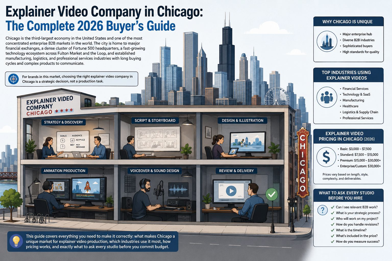 Explainer video company in Chicago producing 2D animated videos for enterprise B2B brands fintech startups and professional services firms