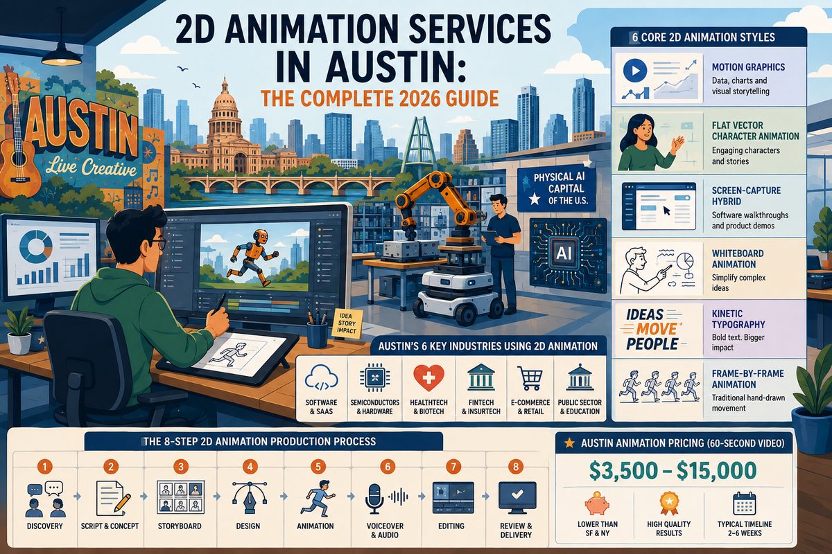 2D animation services in Austin 4 2D animation for Austin industries including Physical AI robotics semiconductor clean energy SaaS HealthTech and defense technology companies across Silicon Hills The Domain Taylor corridor and Downtown Austin