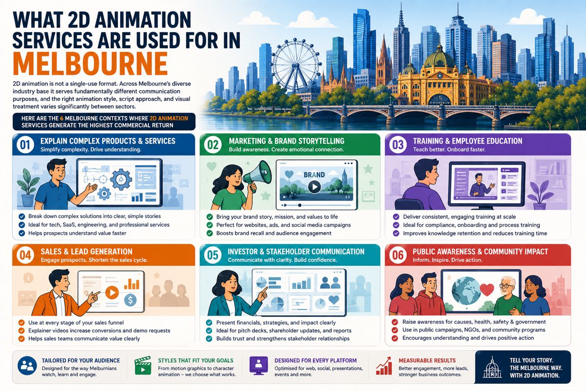 2D animation services in Melbourne used for corporate training product and brand animation healthtech medical content edtech elearning government NDIS and SaaS app demo videos across Melbourne CBD Parkville Carlton Southbank and Cremorne