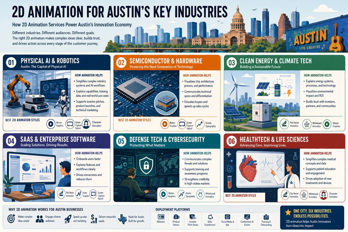 2D animation services in Austin 3 2D animation services in Austin producing motion graphics flat vector character animation and whiteboard videos for AI SaaS semiconductor clean energy HealthTech and defense tech companies in Silicon Hills The Domain and the Taylor corridor