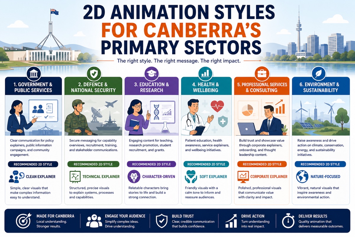 2D animation styles overview for Canberra clients including flat design motion graphics, character animation, technical schematic, and kinetic typography for government and defence