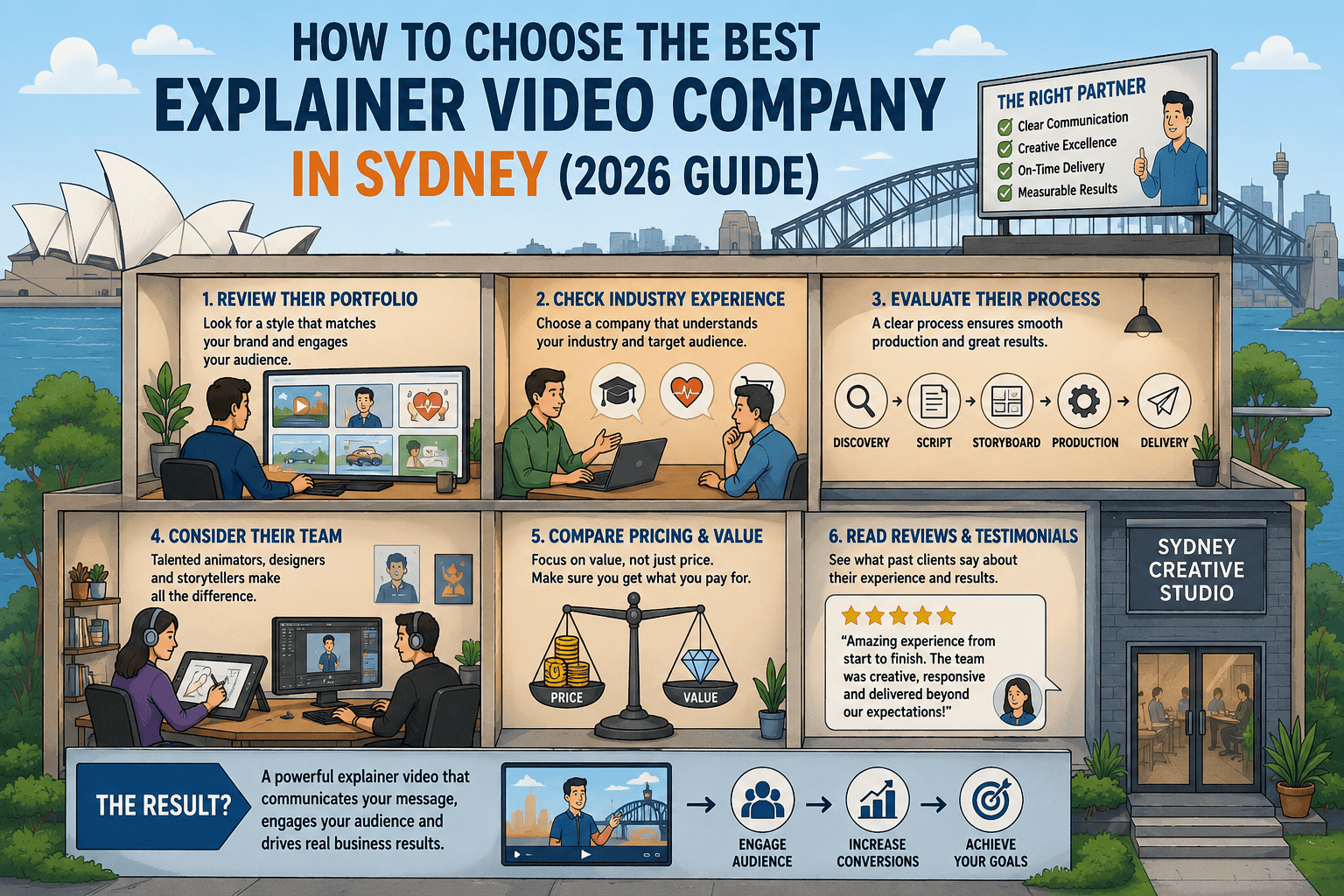 Explainer video company in Sydney guide showing Sydney Harbour Bridge skyline with buyer evaluation framework six industry sectors production timeline and studio selection checklist for Sydney fintech SaaS MedTech and professional services businesses