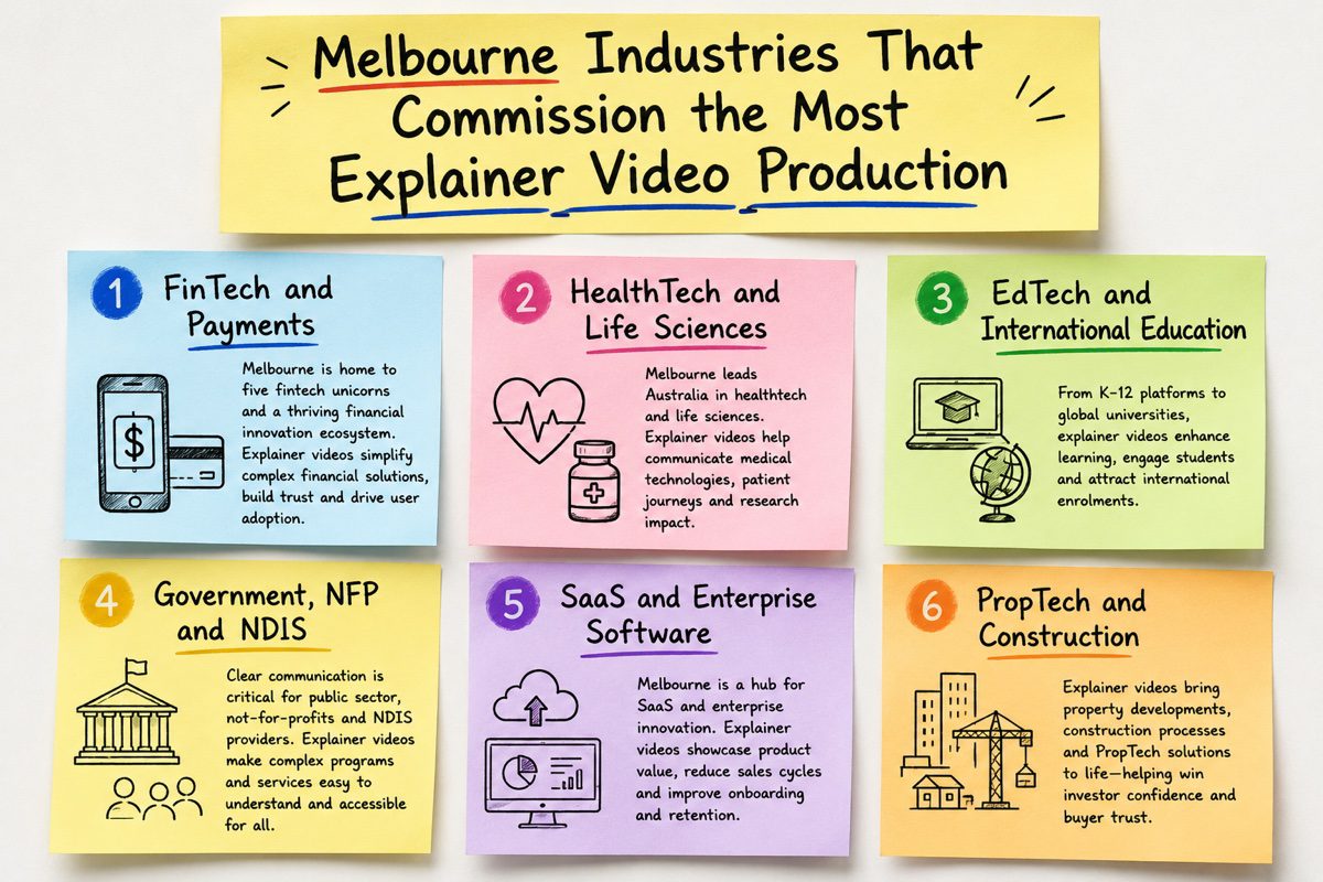 Explainer Video Company in Melbourne 4 Industries served by explainer video companies in Melbourne including fintech healthtech edtech government NDIS SaaS enterprise software and proptech companies across Melbourne CBD Docklands Parkville Fitzroy and Southbank