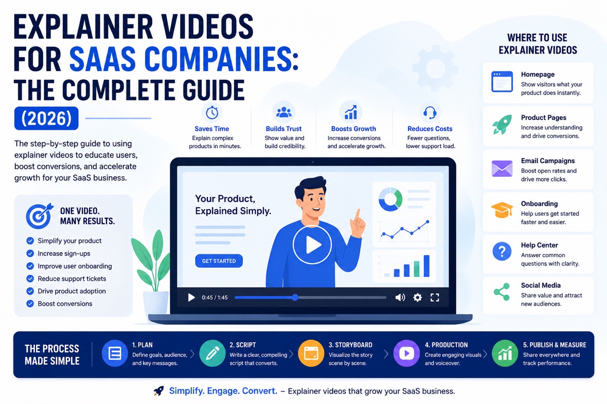 explainer videos for SaaS companies shown across a marketing funnel, from homepage hero video through onboarding and retention placements
