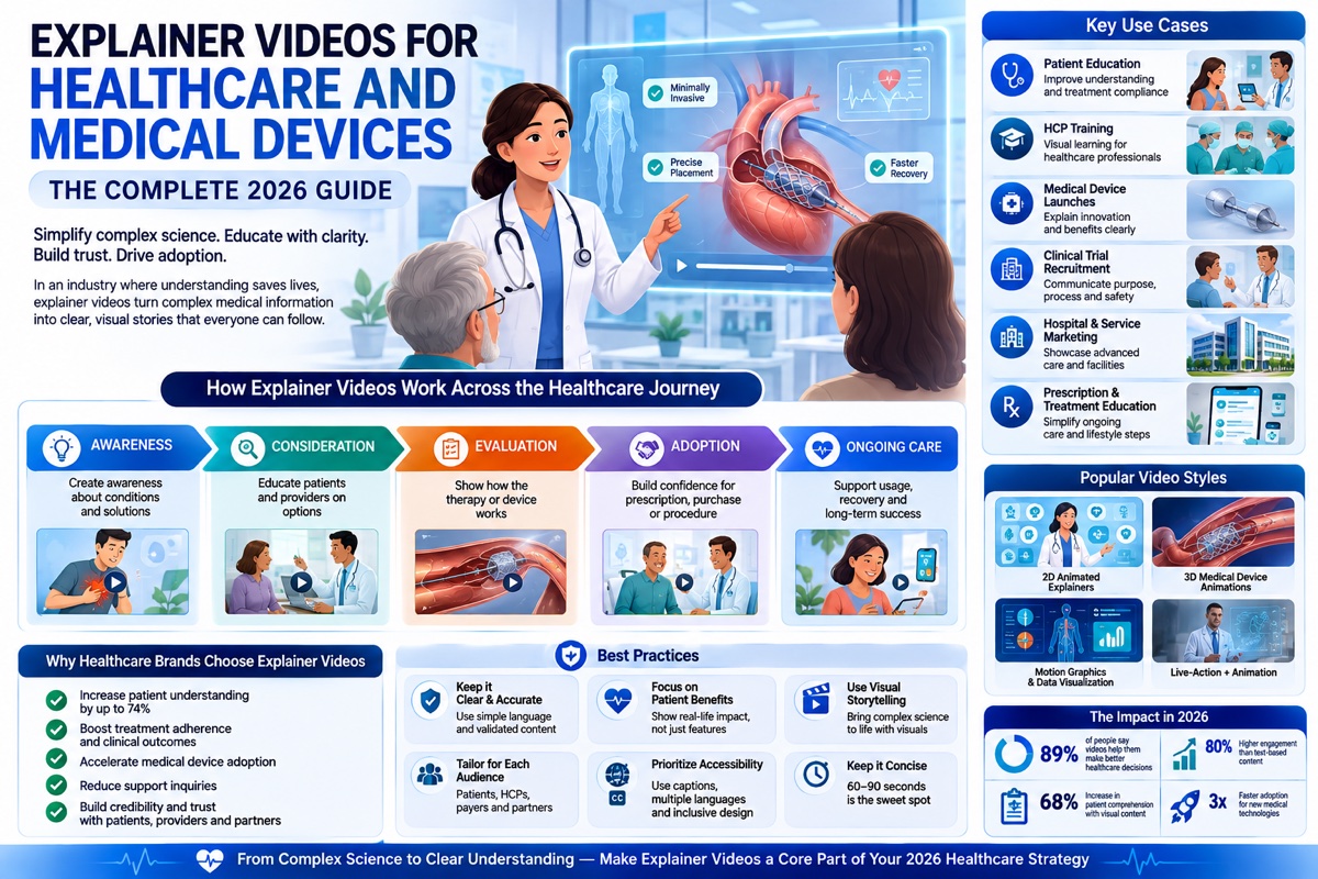 Explainer Videos for Healthcare 3 explainer videos for healthcare: animated medical illustration showing patient education video, mechanism of action animation and medical device demo side by side