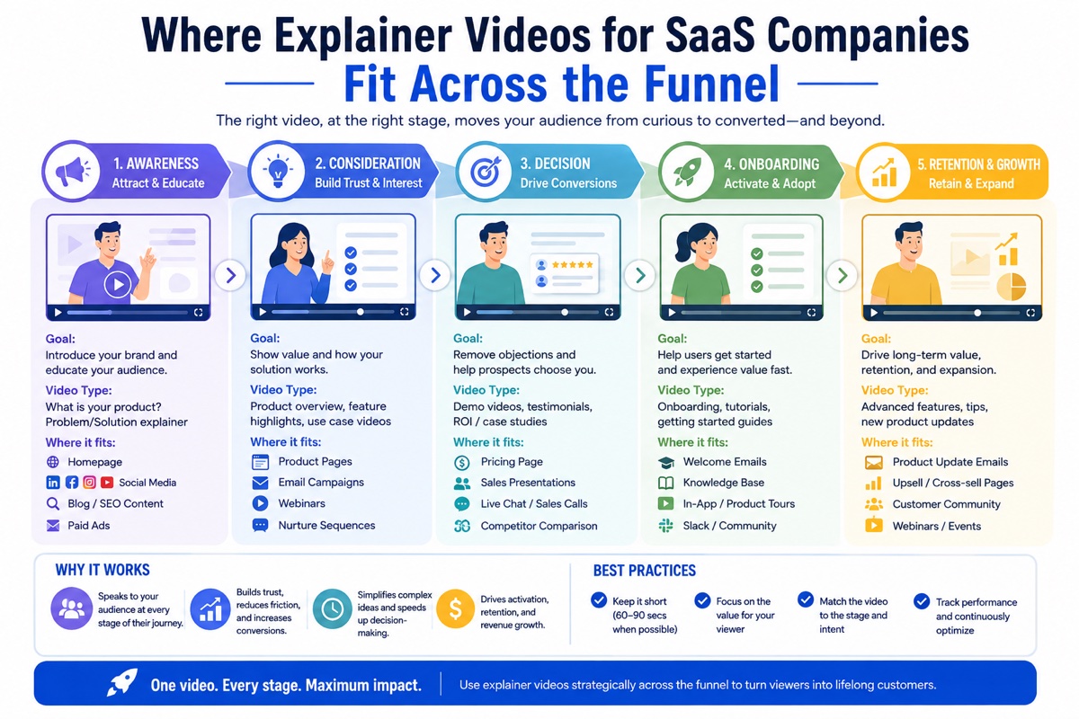 explainer videos for SaaS companies mapped across five funnel stages: awareness, consideration, decision, onboarding, and retention