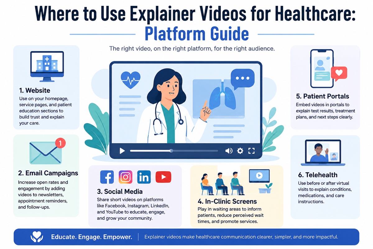 Explainer Videos for Healthcare 4 healthcare explainer video types diagram showing patient education videos, medical device demos and MOA animations mapped to their target audiences and platforms