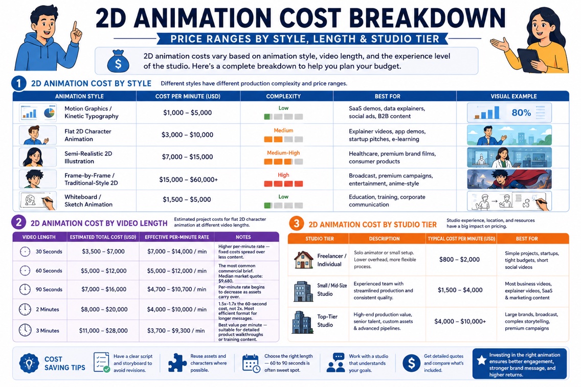 2D animation cost breakdown showing price ranges by style, length, and studio tier for business video production