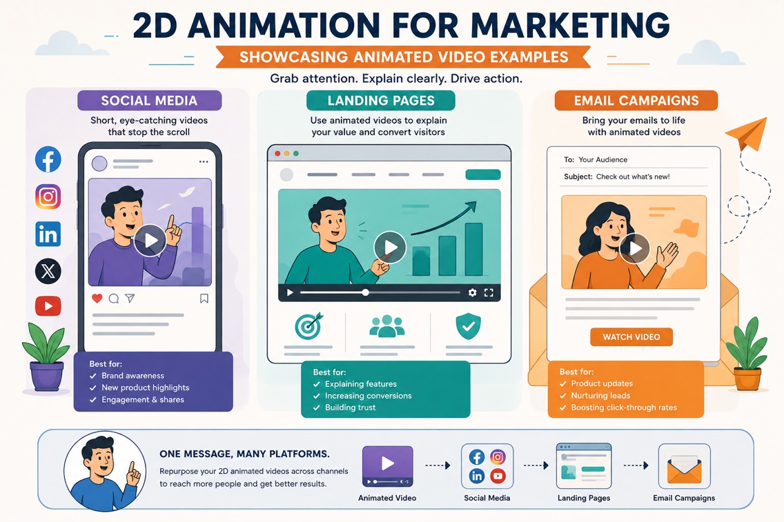 2D Animation for Marketing: Does It Still Work in 2026? 2 2D animation for marketing guide showing animated video examples across social media, landing pages, and email campaigns