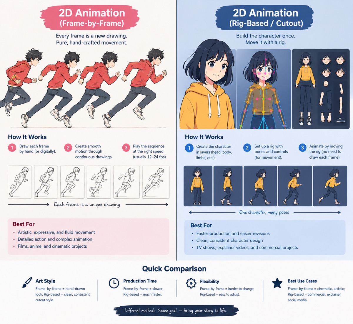 Anime vs 2D Animation 2 anime vs 2D animation comparison showing frame-by-frame drawing versus rig-based character animation