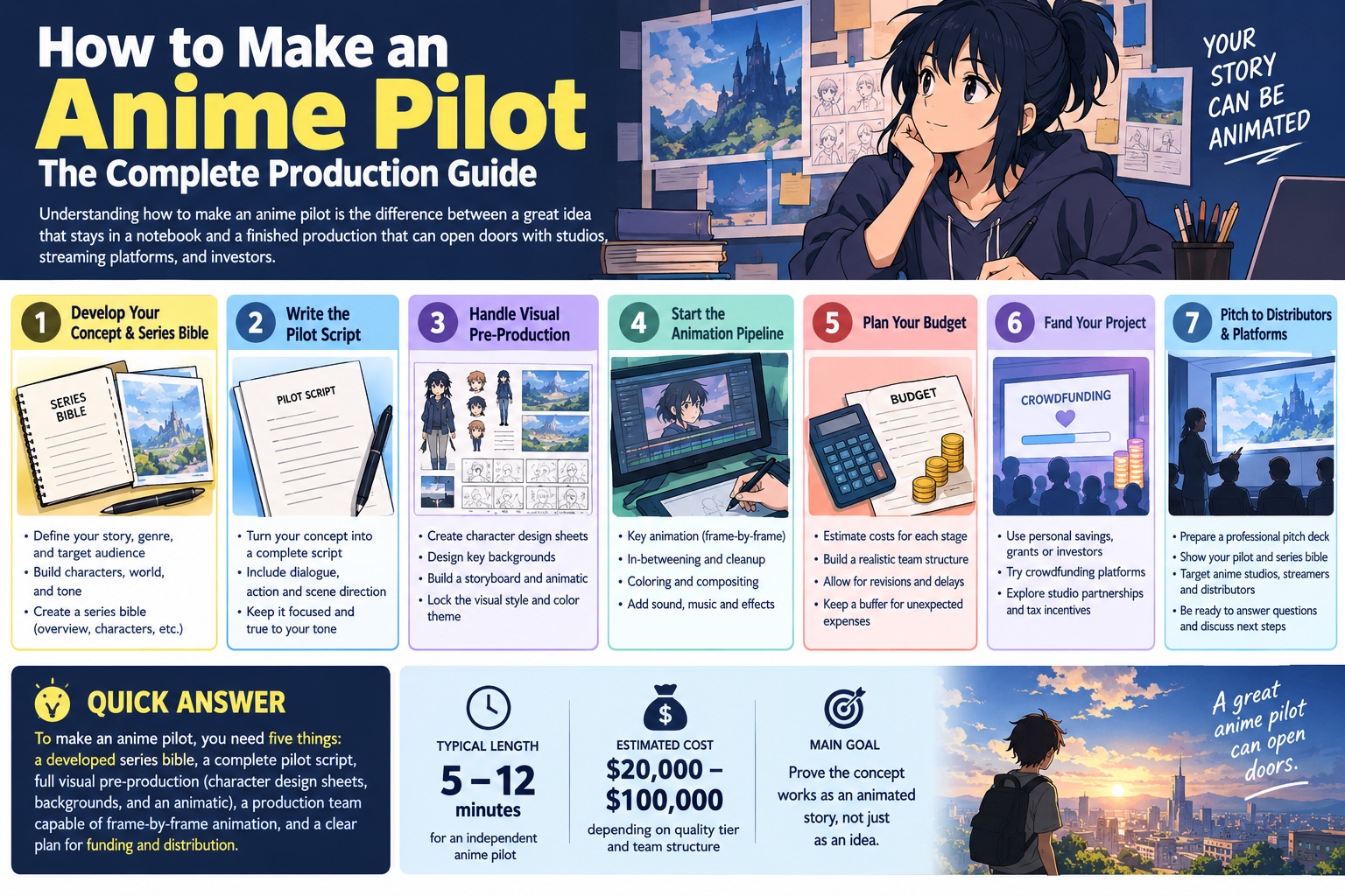 how to make an anime pilot production guide showing storyboard character design and animation pipeline stages