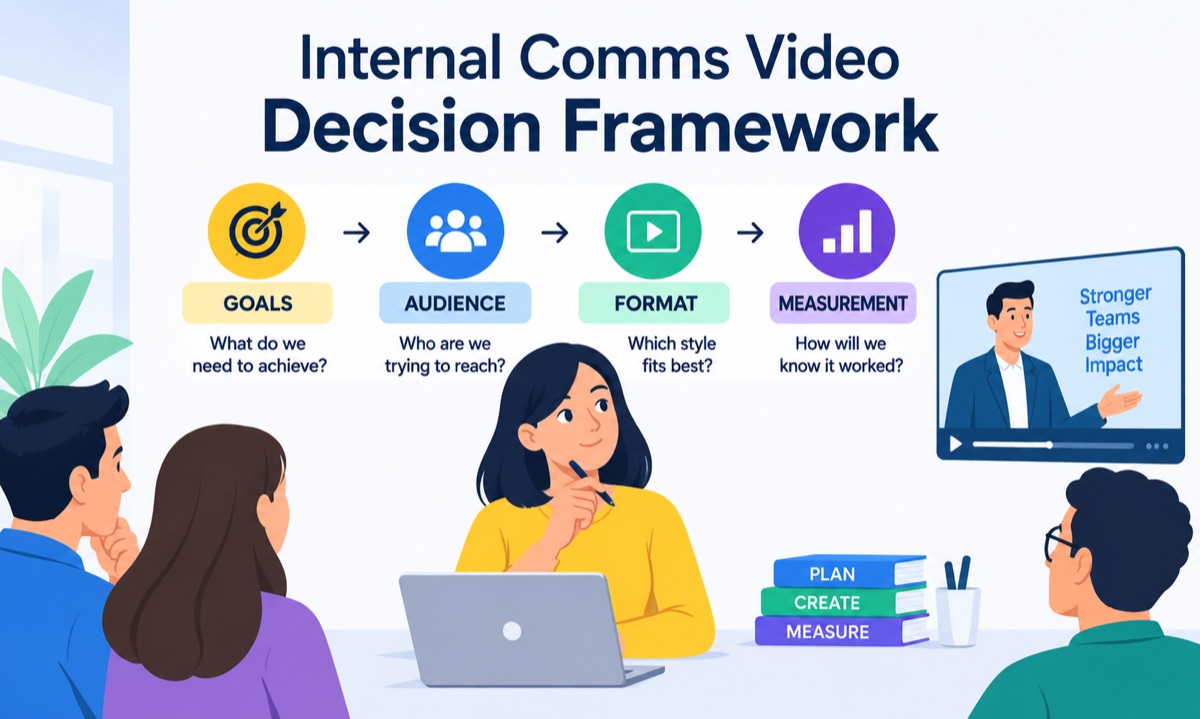 Internal comms video decision framework showing when to use talking head for sender-led messages and animation for subject-led messages