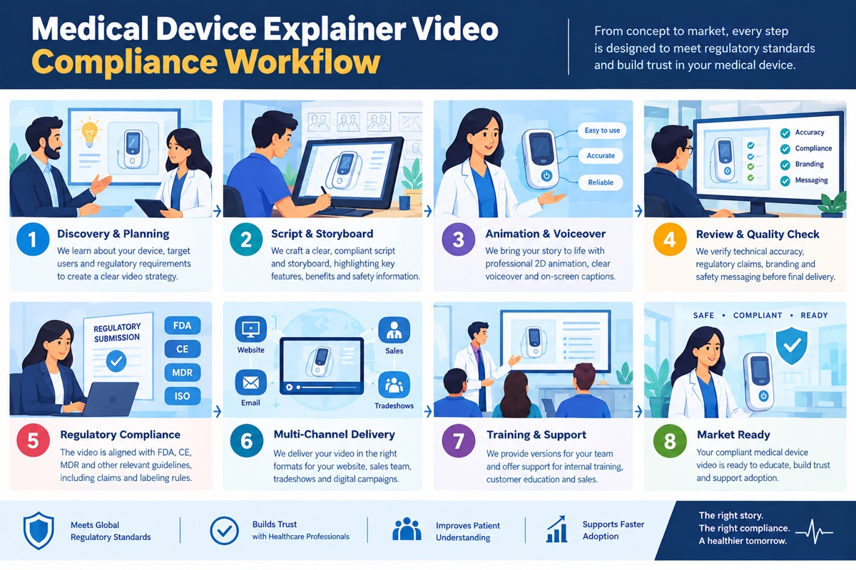 Medical Device Explainer Videos 4 Medical device explainer video compliance workflow showing regulatory review gates at script and storyboard stages before animation