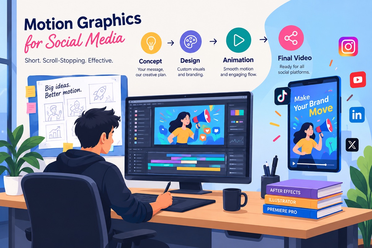 Motion Graphics for Social Media 3 Motion graphics for social media shown as vertical 9:16 animated frames across Instagram Reels, TikTok and YouTube Shorts layouts