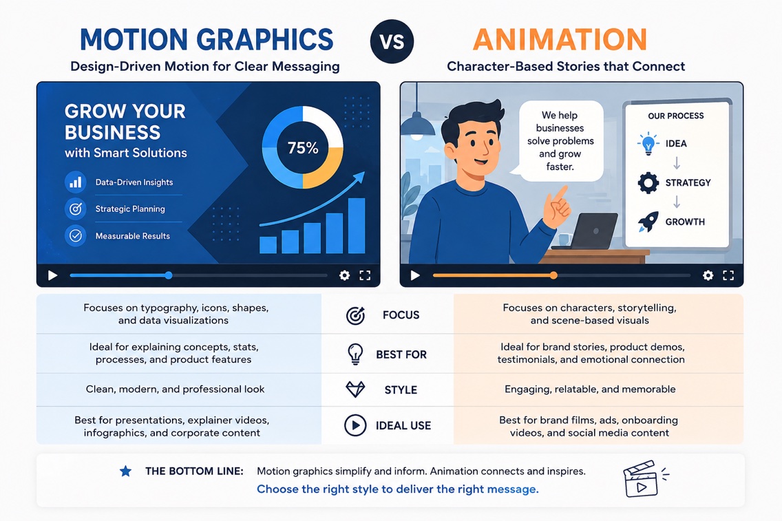 Motion Graphics vs Animation: What's the Difference? 2 Motion graphics vs animation comparison showing design-driven motion graphics alongside character-based animation for business video