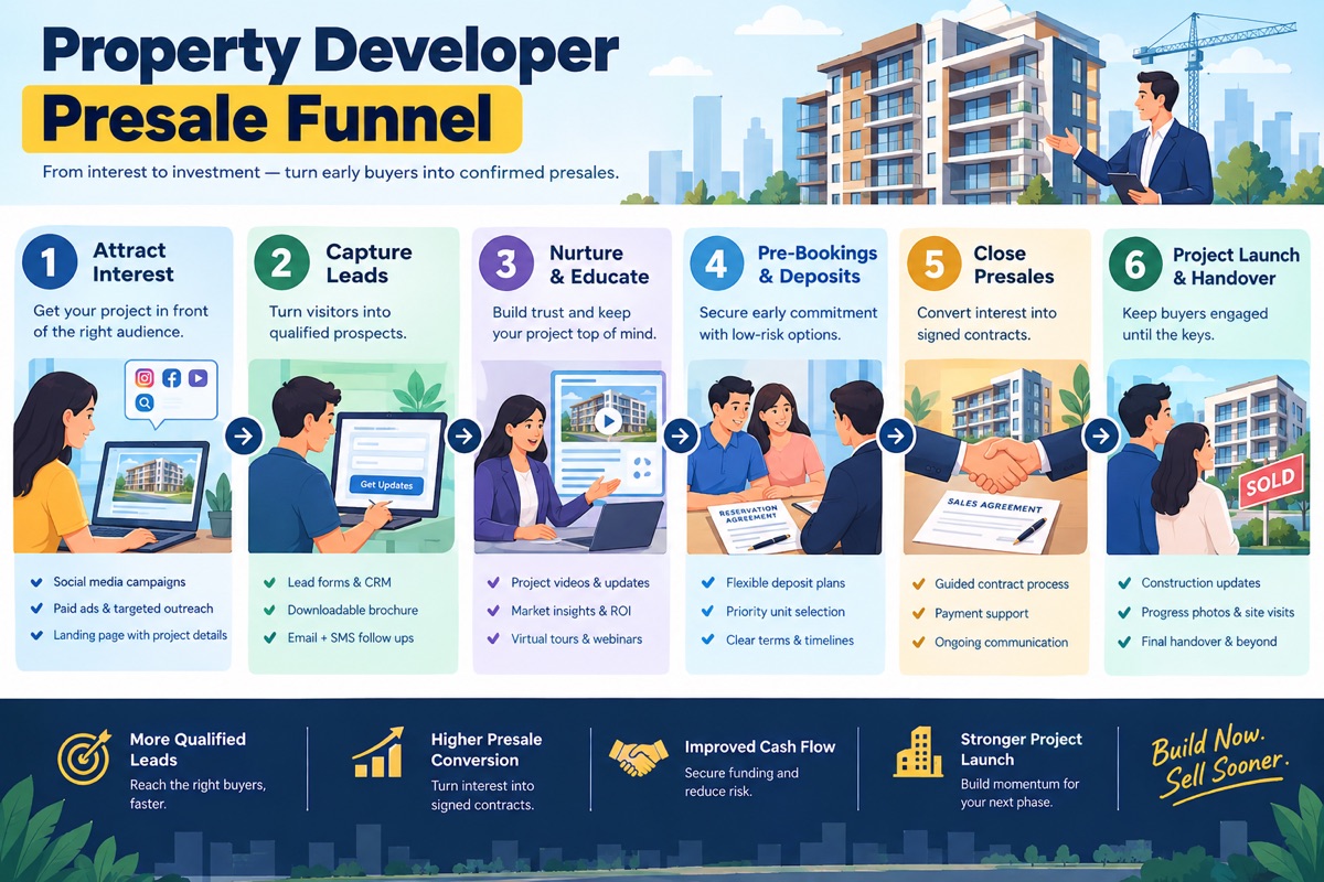 Explainer Videos for Property Developers 4 Property developer pre-sale funnel showing registration, display suite, expression of interest and unconditional contract stages with video assets at each