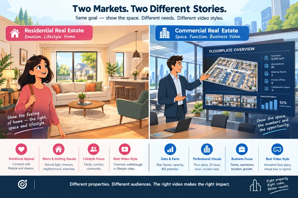 Residential vs Commercial Real Estate Video 3 Residential vs commercial real estate video compared showing a warm home interior alongside a data driven commercial office floorplate presentation
