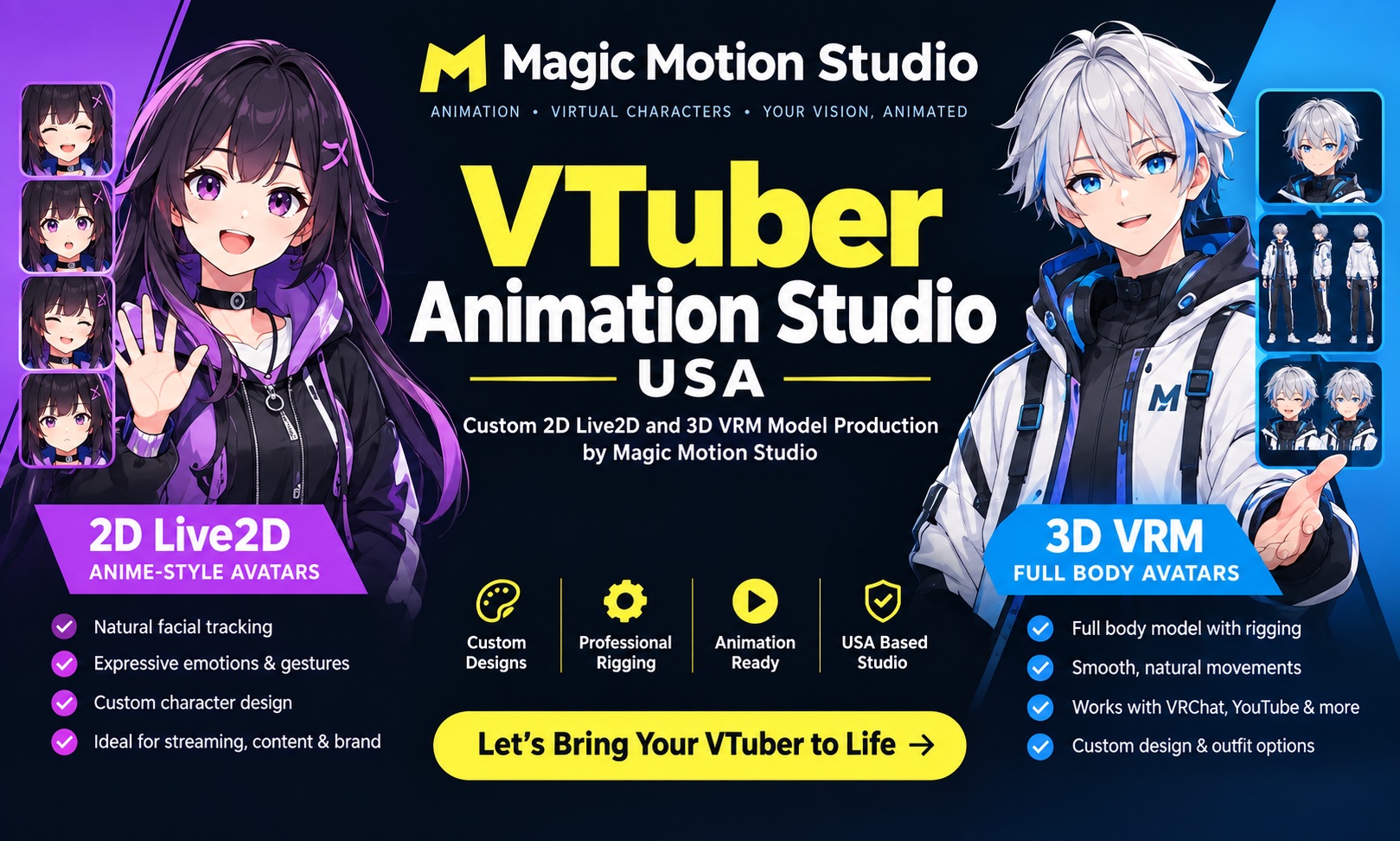 VTuber animation studio USA: custom 2D Live2D and 3D VRM model production by Magic Motion Studio